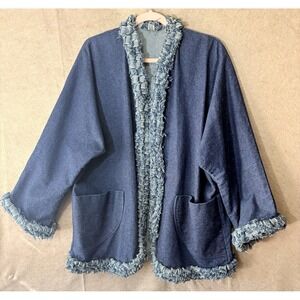 Denim Cardigan Jacket Womens Sz‎ 3X Blue Frayed Accent Pockets - SIZE NOTE